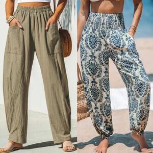 NWT Cupshe Beach Pants Damask Smocked Waist - Tapered Leg Vacay Bundle Sz L